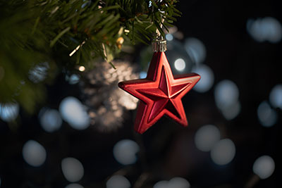 Christmas baubles handing on a tree.